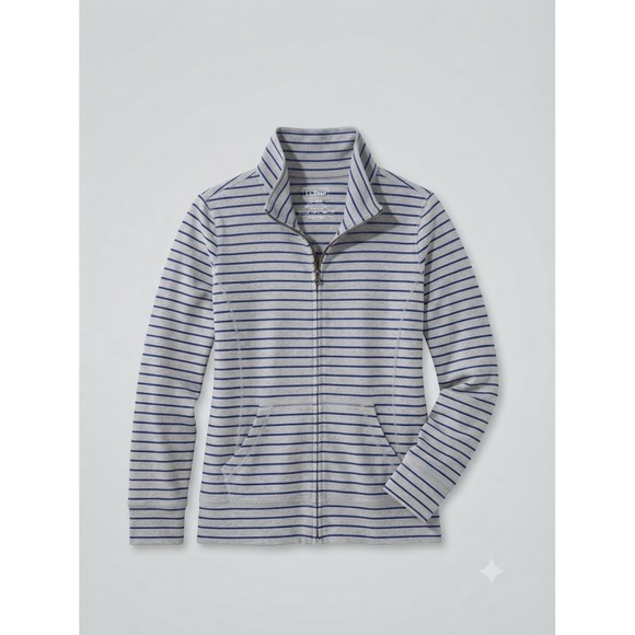 L.L. Bean Tops - L.L. Bean Gray Blue Striped Full Zip Jacket Sweatshirt Mock Neck XL Regular
